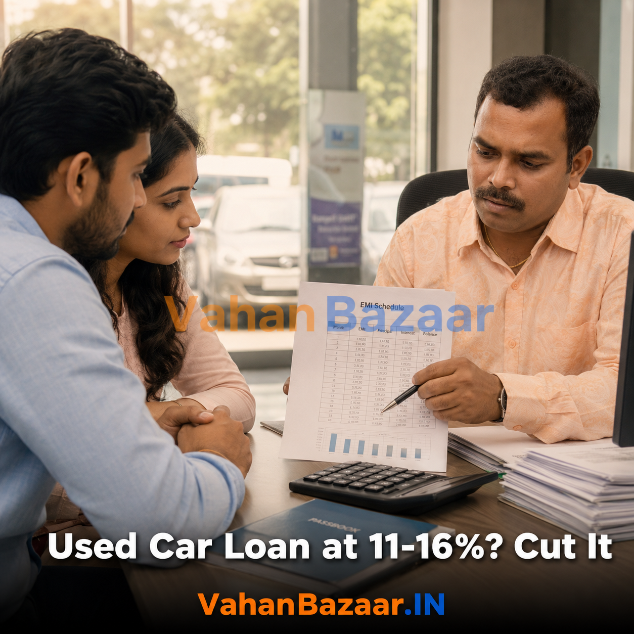 July 2026 action guide to cutting a used-car loan rate in India from the 11-16 percent band using loan-to-value, tenure, lender choice, a clean RC file and refinancing