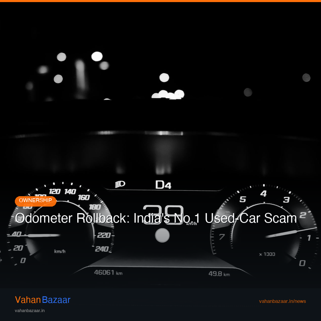 Close-up of a used-car odometer wound back to a low reading, illustrating mileage tampering — India's most common used-car scam and now a criminal offence under BNS Section 318