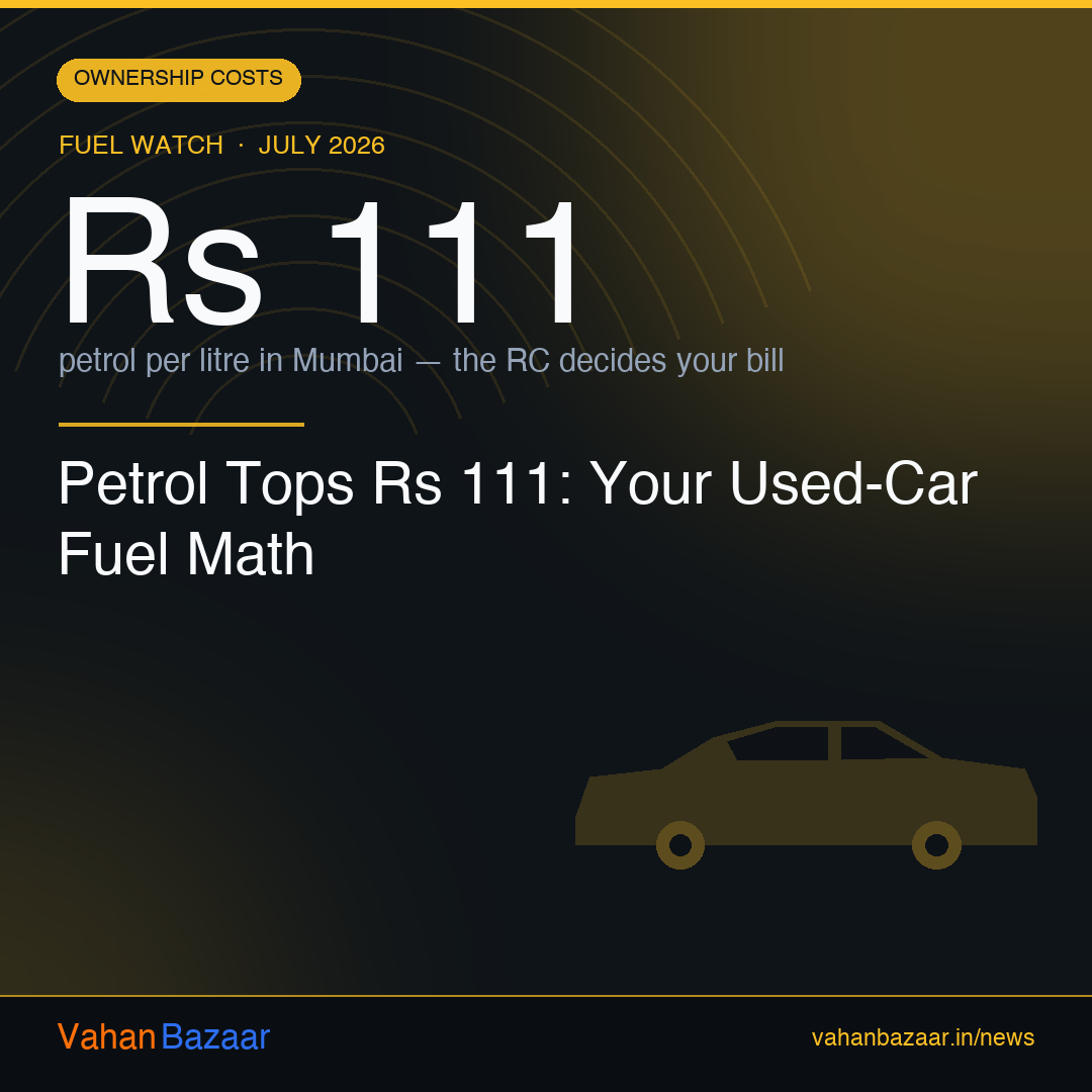 Petrol above Rs 111 a litre in Mumbai in early July 2026, with CNG far cheaper, making the registered fuel type on a used car's RC a big swing in monthly running cost