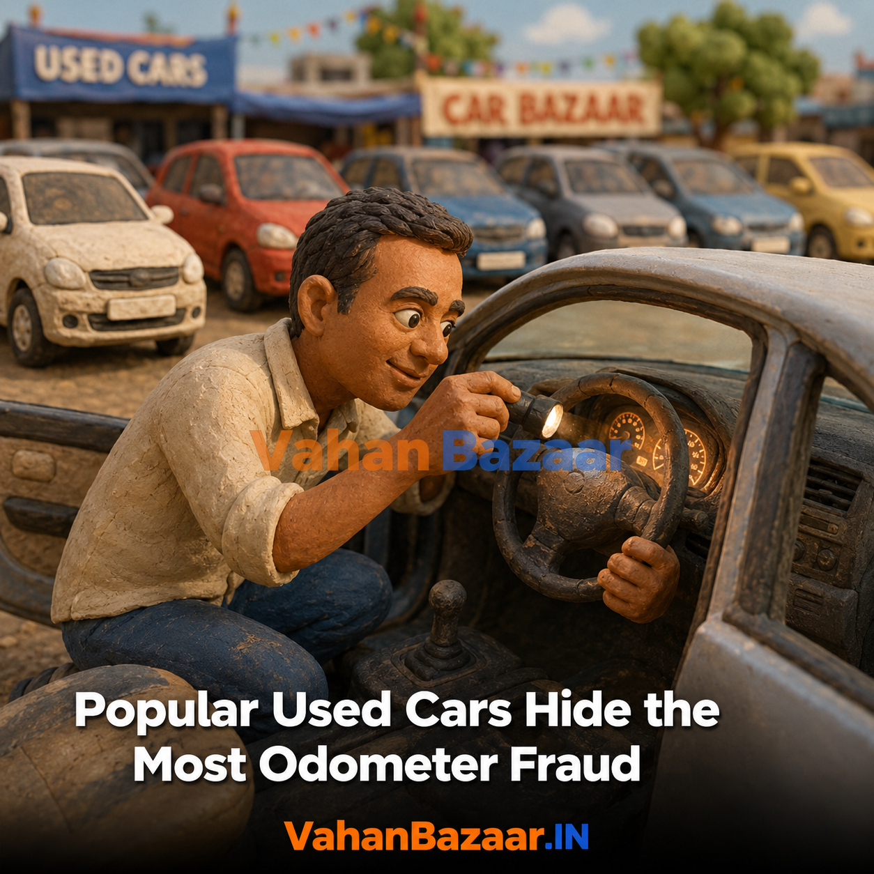A popular used Maruti hatchback with its odometer reading in question, set against its VAHAN registration record showing owner count and age