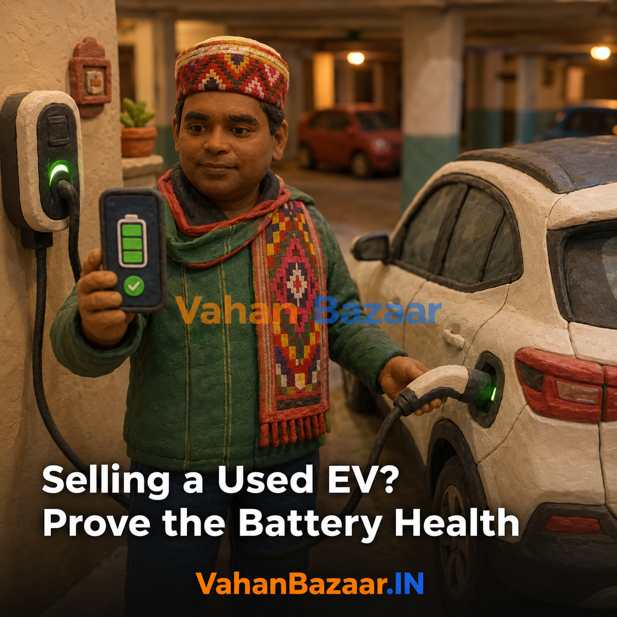 A seller presenting a used electric car's battery State of Health report and a verified registration record to a buyer