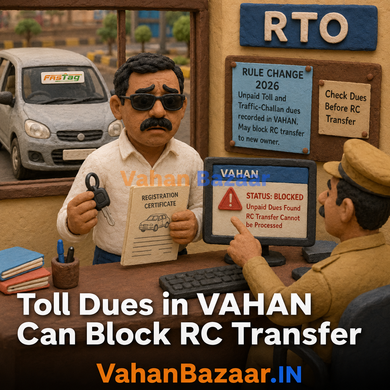 A used-car buyer at an RTO learning that unpaid toll dues recorded in VAHAN have blocked the NOC and RC transfer of the car into their name