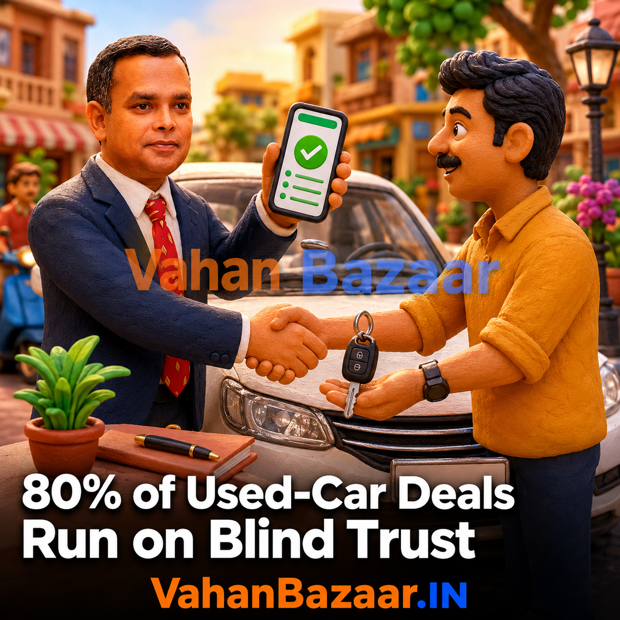 A used-car deal closing on a handshake and a photocopied RC, with a VAHAN record check offering proof in place of blind trust